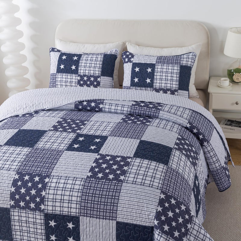 SLPR Americana Pride 3-Piece Quilt Set - Queen Size with 2 Shams, Lightweight Patriotic Bedding in Blue and White with Star and Plaid Patterns, Quilted Bedspread for Queen Bed - Image 3